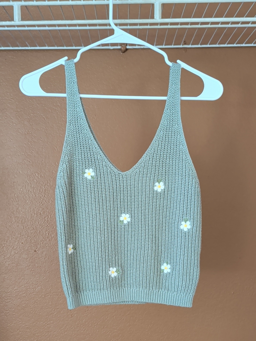 Francesca's Collections Sage Green Daisy Knit V-Neck Tank